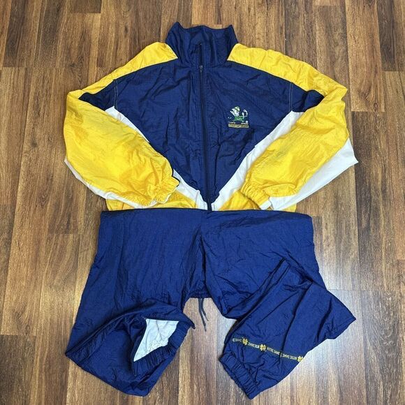 Vintage Notre Dame Turbo Sportswear Fighting Irish Zip Up Nylon Track Suit Sz L - Picture 1 of 8